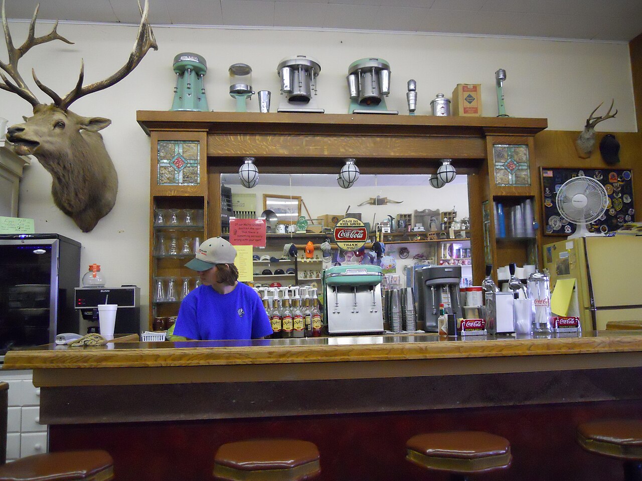 The historic Chugwater soda fountain counter with stools
