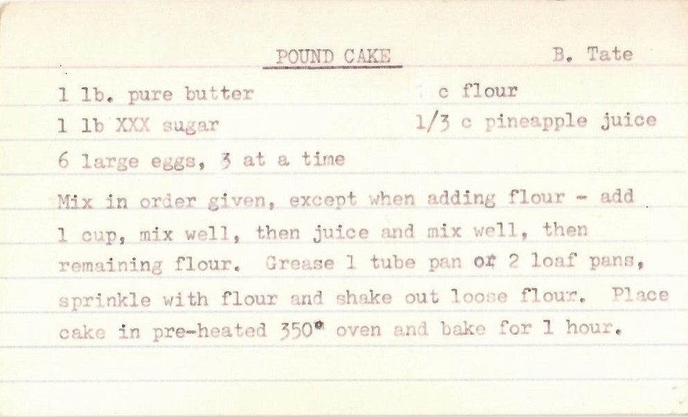 A handwritten pound cake recipe card