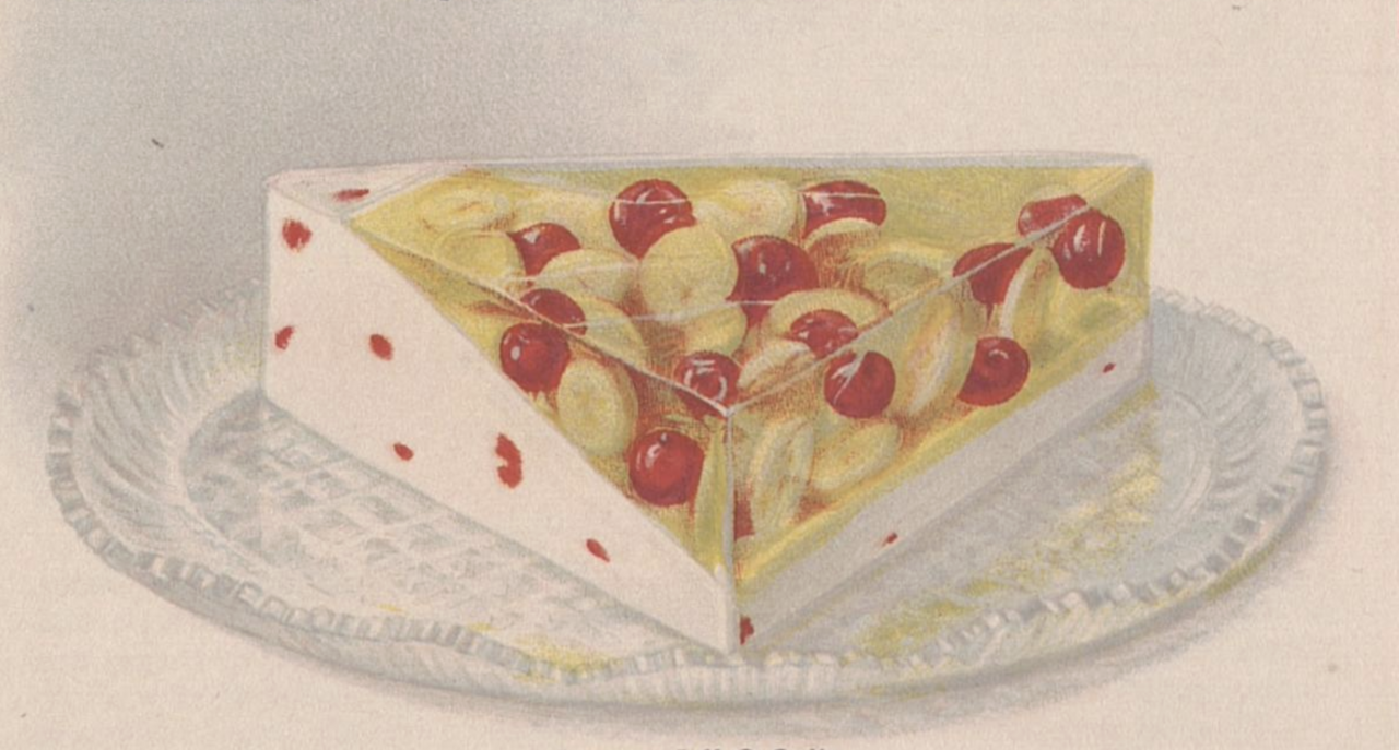 Vintage Jell-O advertisement artwork showing a lemon Jell-O dessert