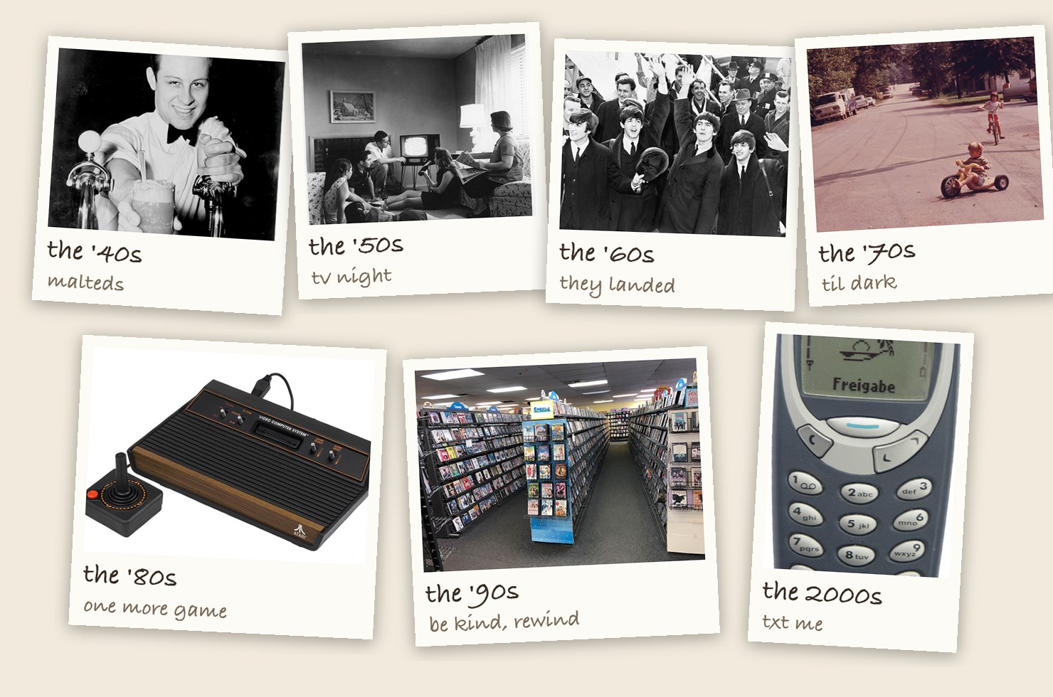 A scrapbook page of seven photographs, one per decade: a soda jerk in the 1940s, a family around the television in the 1950s, the Beatles arriving in the 1960s, children playing in a street in the 1970s, an Atari console in the 1980s, a video rental aisle in the 1990s, and a mobile phone in the 2000s