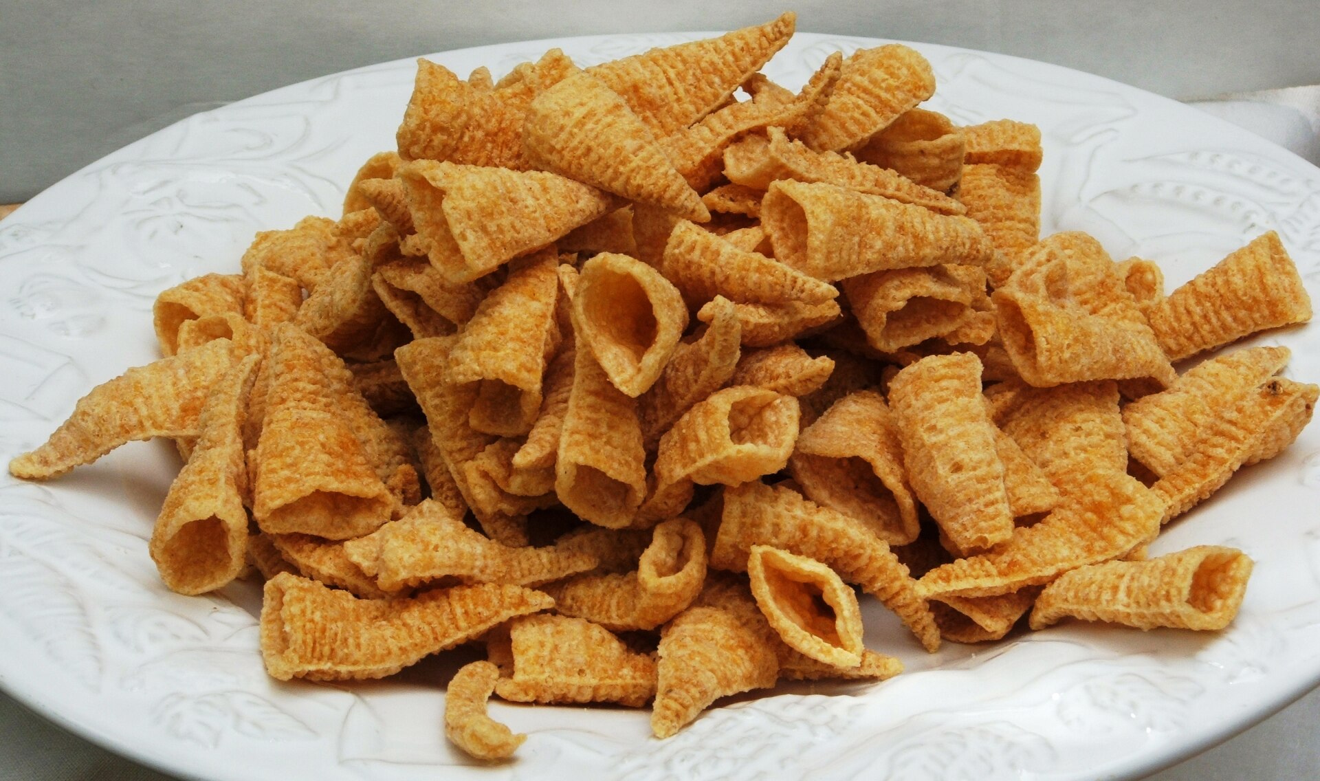 A bowl of Bugles, the cone-shaped corn snack General Mills launched nationally in 1966