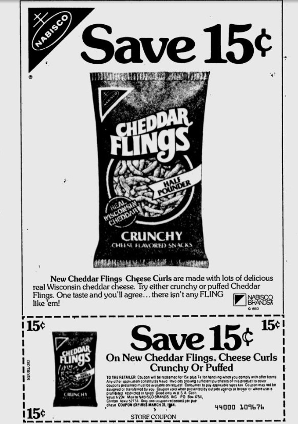 A 1984 Nabisco newspaper coupon advertisement for Cheddar Flings cheese curls in a bag