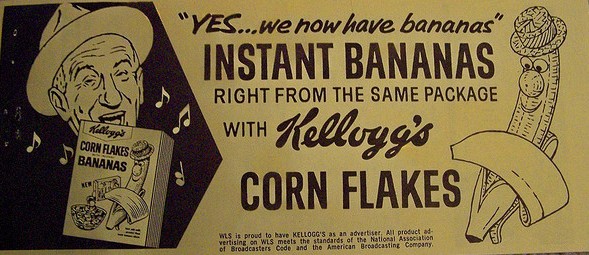 A WLS radio advertising card for Kellogg's Corn Flakes with Instant Bananas featuring Jimmy Durante