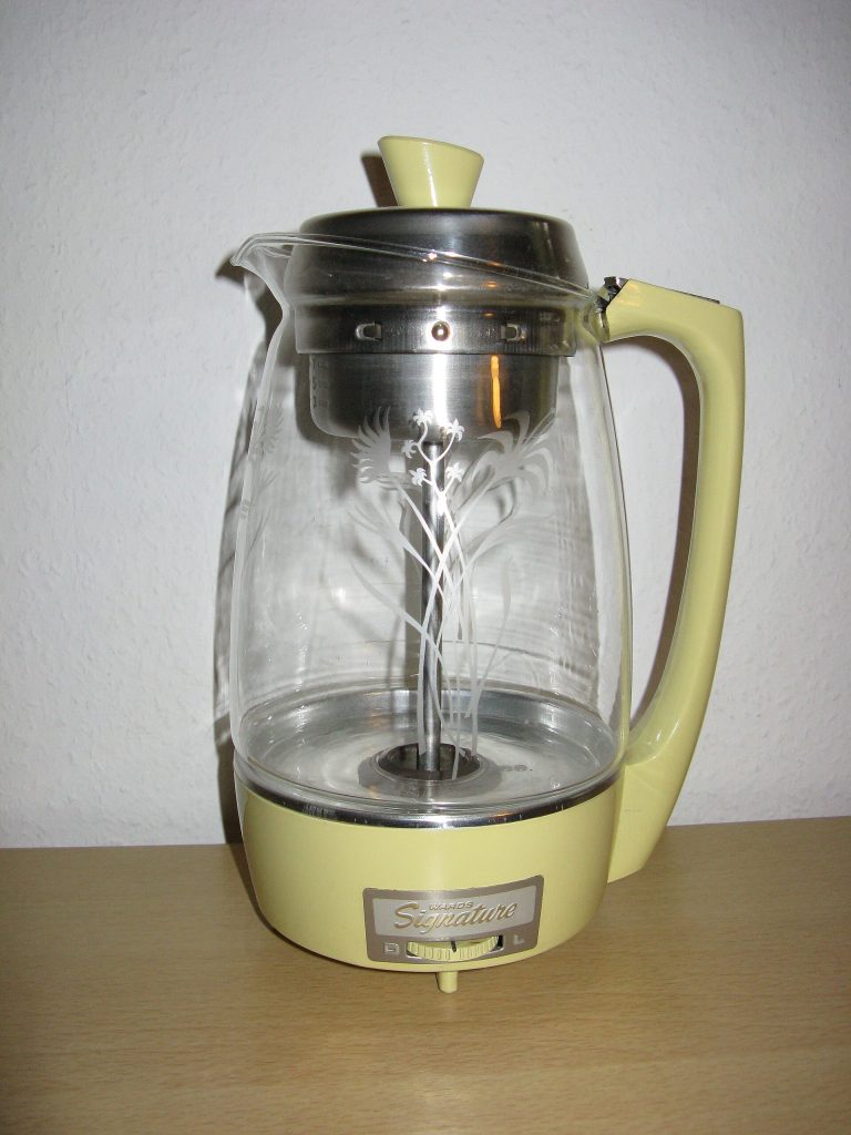 An American glass coffee percolator from around 1950 with the glass knob in the lid