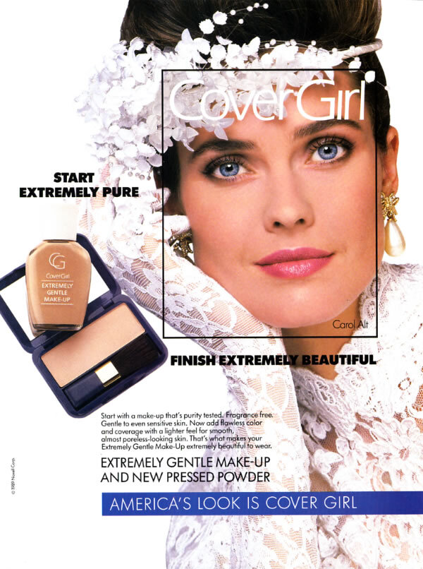 CoverGirl advertisement showing Carol Alt in a bridal veil beside liquid makeup and an open blue pressed-powder compact