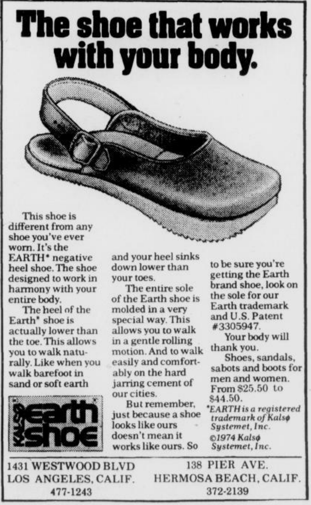 1974 Earth Shoe newspaper advertisement showing a buckled slingback shoe above three columns of text.