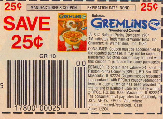 Gremlins cereal manufacturer’s coupon showing Save 25¢, a cereal box, barcode, and redemption terms
