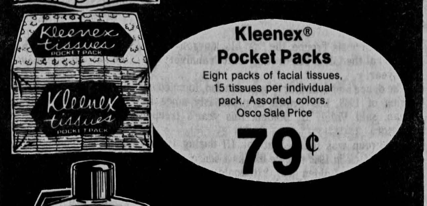 Black-and-white Osco newspaper ad showing Kleenex Pocket Packs, eight packs of 15 tissues for 79 cents