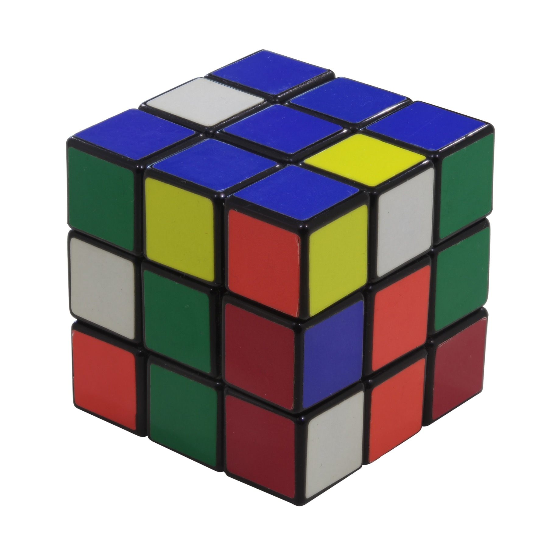 A partly solved classic Rubik's Cube with red, blue, green, yellow, and white stickers