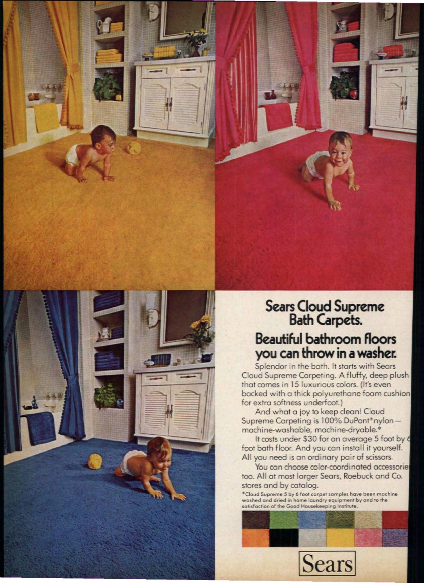 Sears advertisement showing a crawling baby in three bathrooms with gold, red, and blue wall-to-wall carpeting and matching curtains.