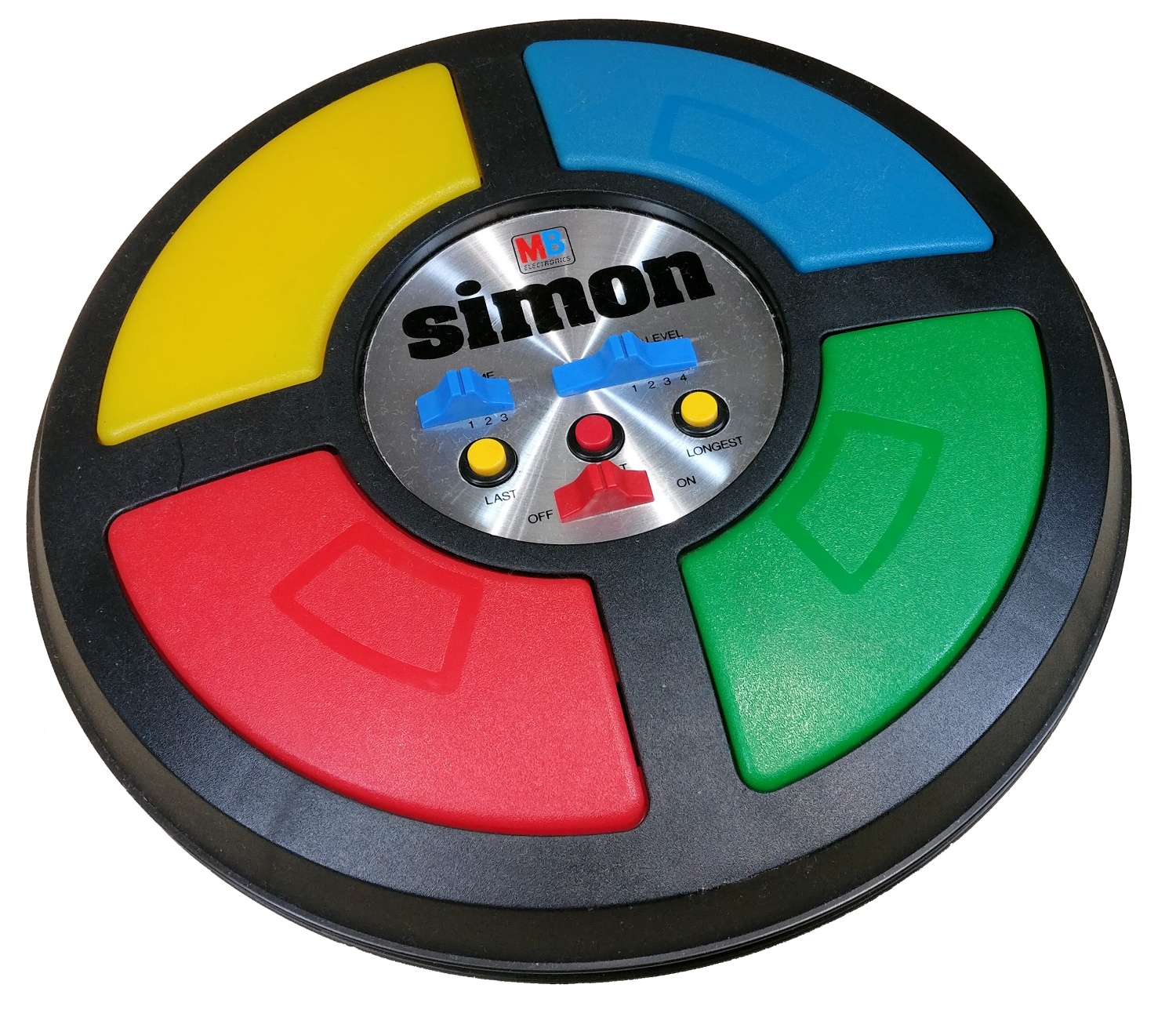 A round Milton Bradley Simon game with large red, blue, yellow, and green buttons