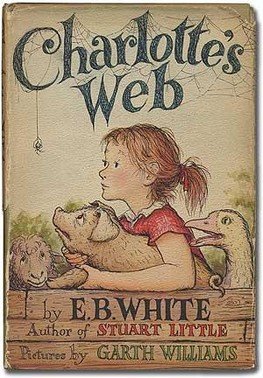Worn book jacket showing a girl with a ponytail hugging a pig, with a goose and a sheep beside her and a tiny spider dangling on a thread above them, under the title Charlotte's Web, by E.B. White, Author of Stuart Little, Pictures by Garth Williams.