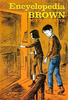 Orange book cover with the title Encyclopedia Brown, Boy Detective in yellow and white letters above an ink drawing of two boys in sweaters, one pushing open a wooden door.