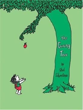 Pale green book cover with a tall green tree trunk carrying the title The Giving Tree by Shel Silverstein, its branch dropping a red apple toward a small boy reaching up.