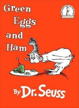 Red-orange book cover with the title Green Eggs and Ham in white, a furry white creature in a tall hat leaning over a plate of green eggs and green ham on a fork, By Dr. Seuss, and the Beginner Books cat-in-the-hat logo at top right.
