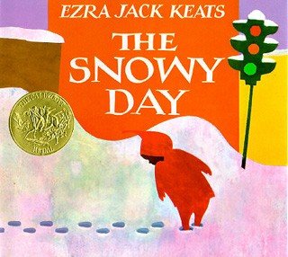 Book cover with an orange band reading Ezra Jack Keats, The Snowy Day, over a white snowy scene where a small figure in a red hooded snowsuit leaves a trail of footprints, with a traffic light at right and a gold Caldecott Medal seal at left.