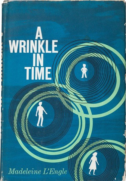 Blue book jacket covered with pale green concentric circles holding small white human silhouettes, with the title A Wrinkle in Time in white capitals at upper left and Madeleine L'Engle in script at the bottom.