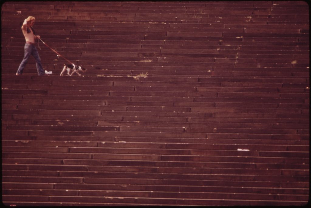 A shirtless young man walks a small black-and-white dog on a leash across a wide expanse of stone steps.