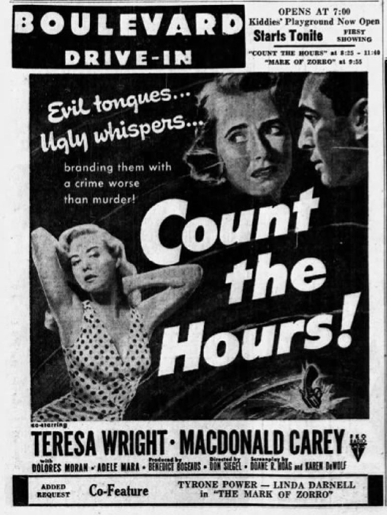 Newspaper ad for the Boulevard Drive-In showing Count the Hours with Teresa Wright and Macdonald Carey, with show times and a co-feature box for Tyrone Power and Linda Darnell in The Mark of Zorro
