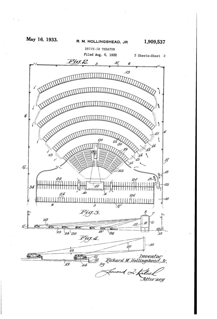 Patent drawing of a drive-in theater seen from above, with curved rows of car ramps fanning out from a screen and side views of cars parked on tilted ramps