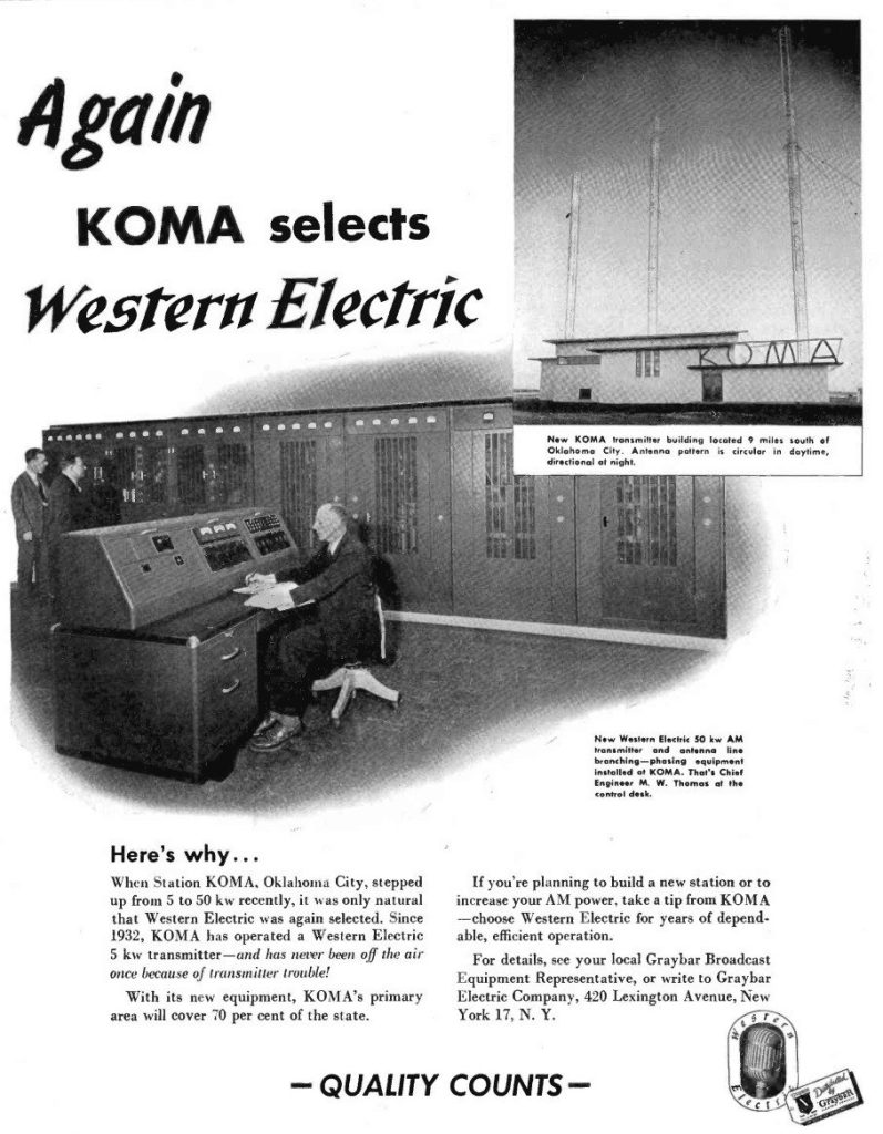 Magazine ad headlined Again KOMA selects Western Electric, showing an engineer at the control desk of a wall of transmitter cabinets and an inset photo of the KOMA transmitter building under three tall radio towers