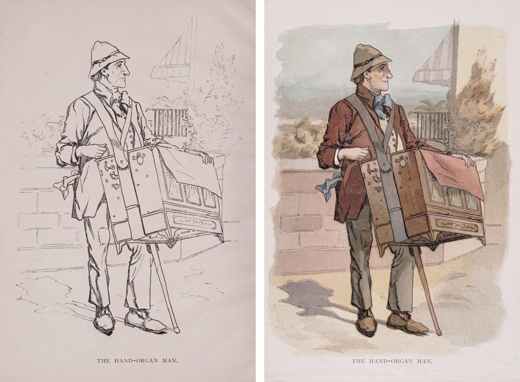 Two pages from an 1892 painting book side by side: on the left a black-and-white outline drawing of a man in a pith helmet carrying a hand organ on a strap, and on the right the same picture printed in color with a brown coat, blue tie and red cloth over the organ