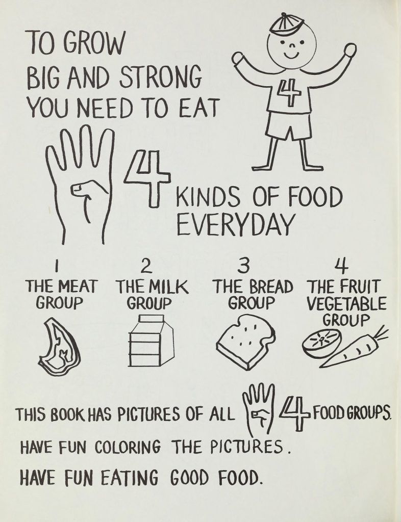 A black-and-white coloring book page reading To grow big and strong you need to eat 4 kinds of food everyday, with a cartoon boy wearing a number 4 shirt, a hand holding up four fingers, and outline drawings of a steak, a milk carton, a slice of bread, an orange and a carrot for the meat, milk, bread and fruit-vegetable groups