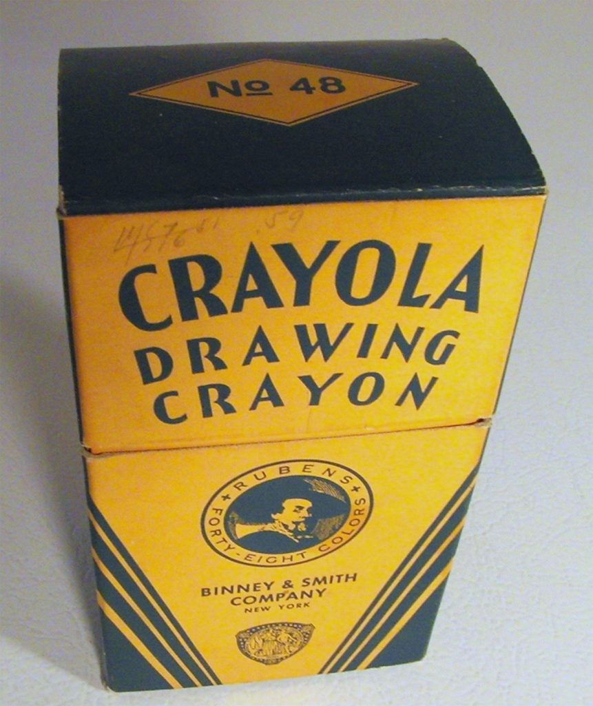 A closed yellow and dark green Crayola box labeled No. 48 Crayola Drawing Crayon, with a round Rubens portrait seal and Binney & Smith Company, New York, on the front